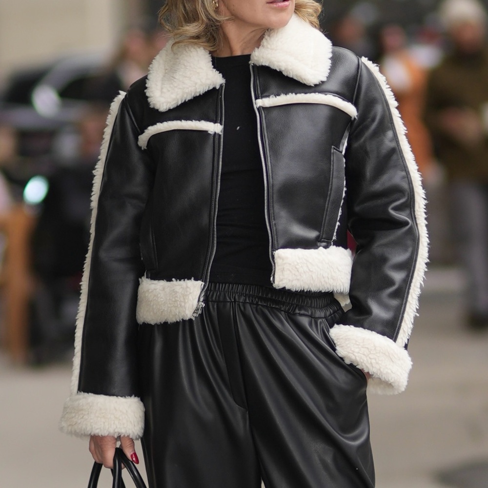 Faux leather faux fur trimmed jacket